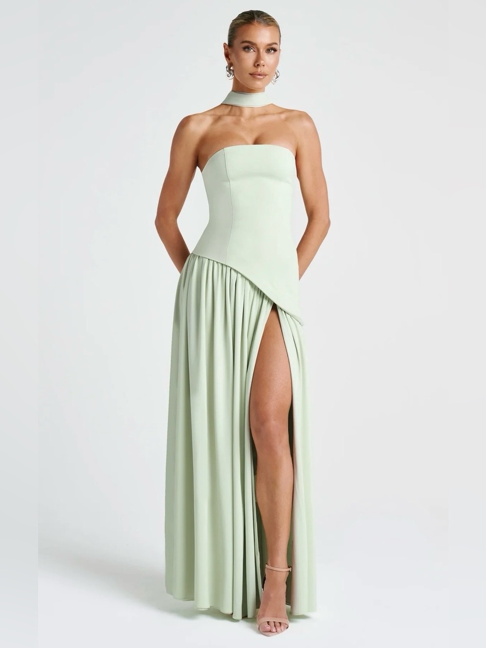 Strapless Mint Green Evening Gown with Side Thigh Slit